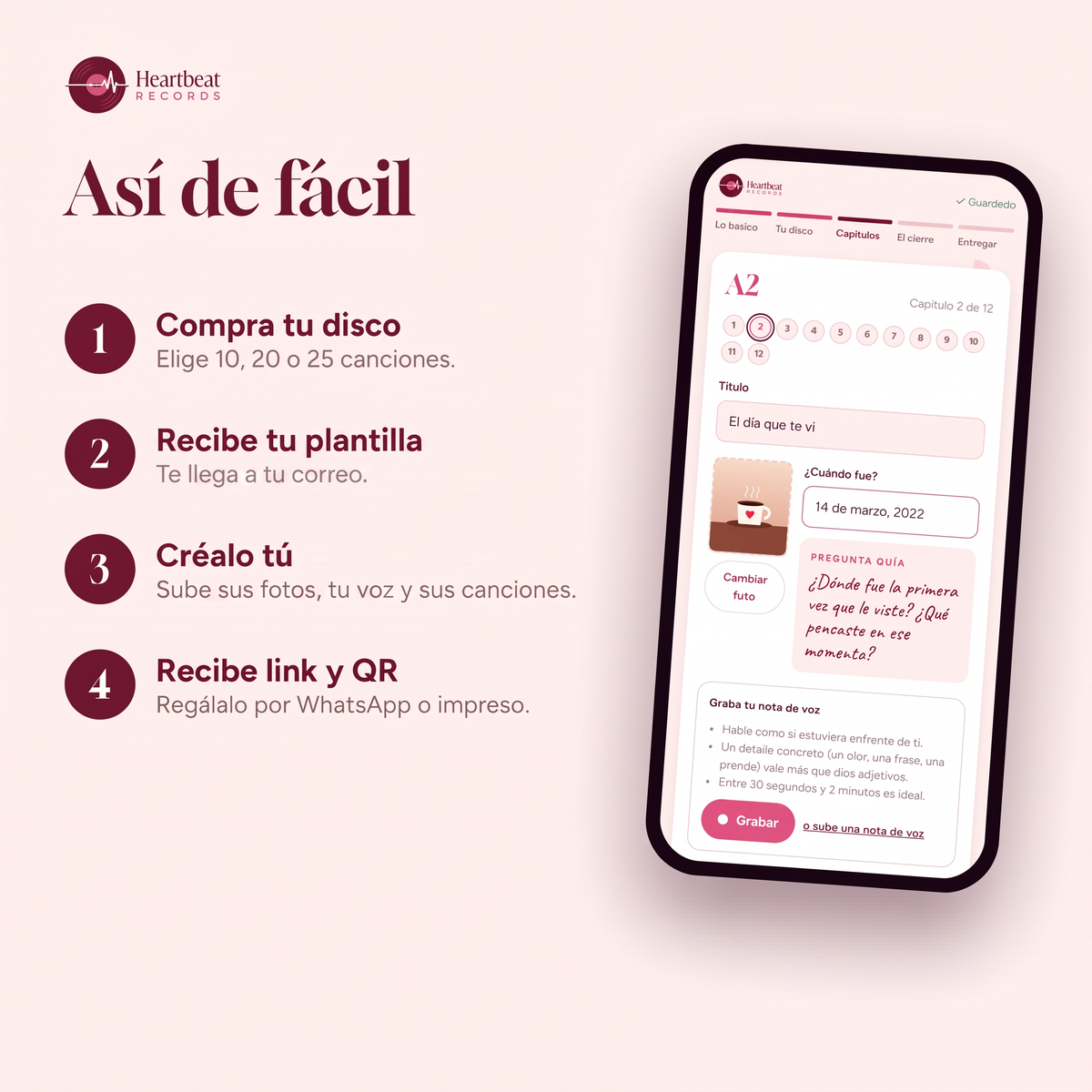 Así de fácil: compra, recibe tu plantilla por correo, créalo tú y regálalo con link y QR